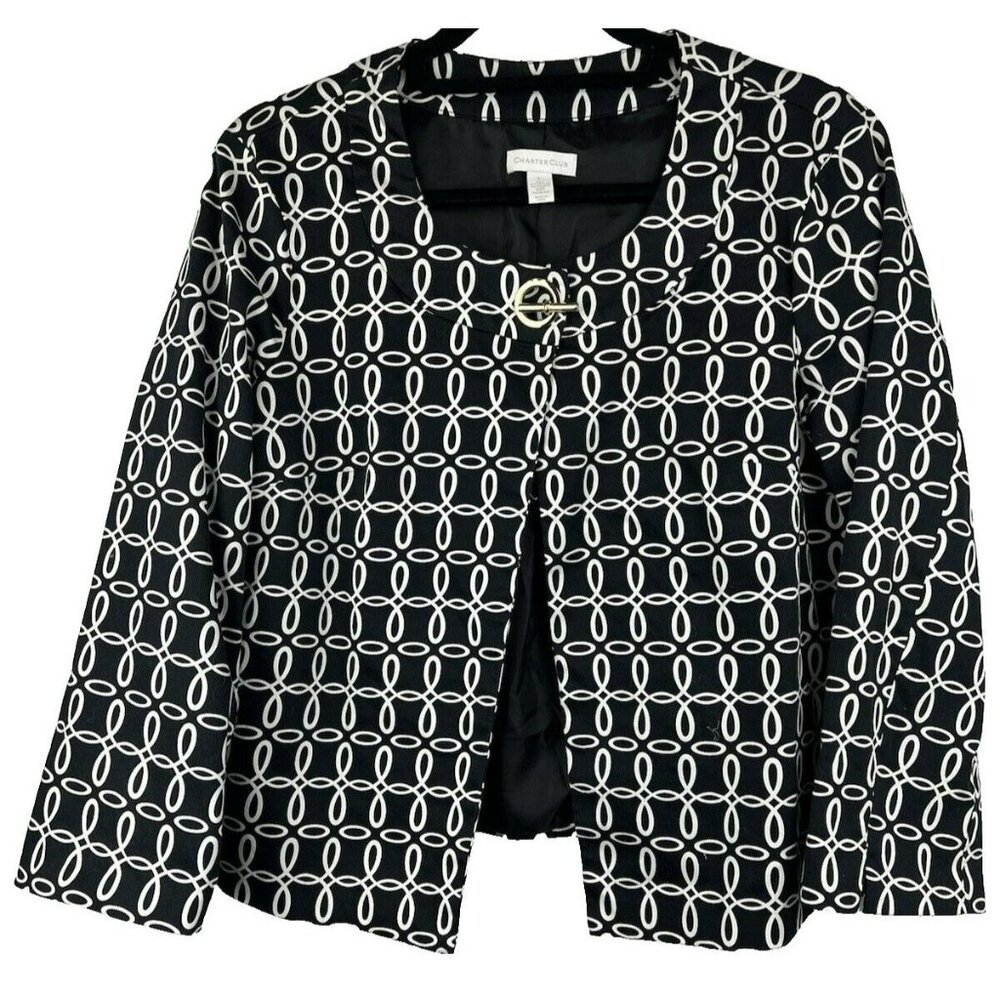 Charter Club Blazer Jacket L Black White Cotton Spandex Gold Office Work‎ Lined
